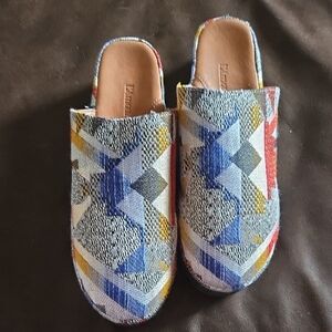 Vibrant Geometric Pattern Mules - Blue, Yellow, Red